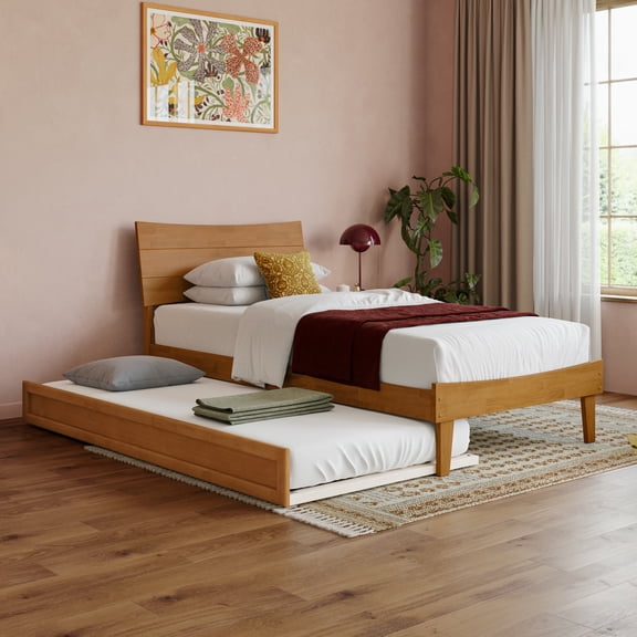 Phoenix Twin XL Wood Platform Bed with Trundle in Light Toffee