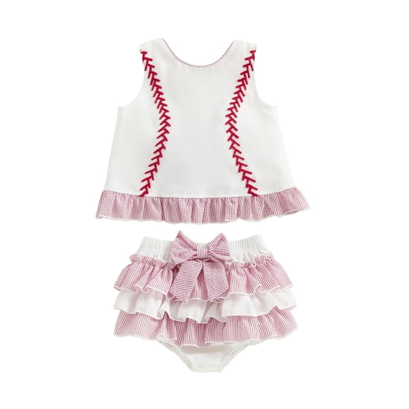 BemeyourBBs Newborn Baby Girls Baseball Outfit Infant Baby Girl Summer Clothes Cute Ruffle Baseball Embroidery Tank Tops with Ruffle Skirt Shorts Set