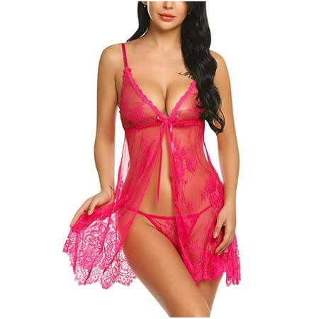 HYSYSB Nightgowns for Women women s Chemises & Negligees nighty for Women spaghetti Strap Nightgown underwear Sleepwear Nightdress Nightgown Lingerie Eyelash Lace chemise for Women Hot Pink M