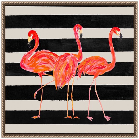 Amanti Art Flamingo Trio on Stripes Framed Canvas Wall Art Print