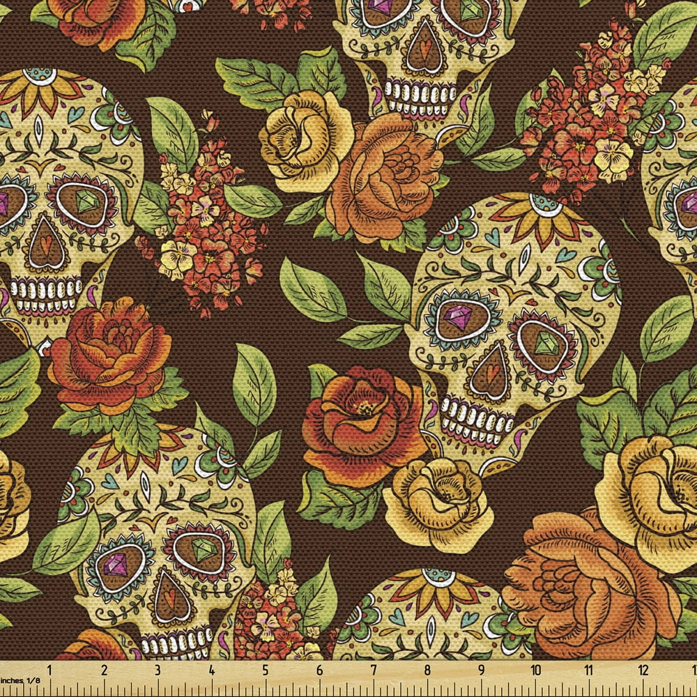 Sugar Skull Upholstery Fabric by the Yard, Autumn Colored Flowers and ...