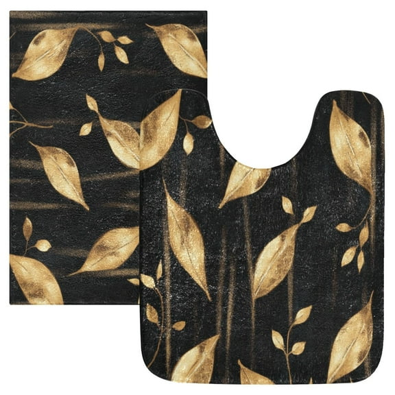 2 Piece Soft Bathroom Rug Set Delicate Gold Leaf Pattern Bath Mat and U-Shaped Toilet Contour Rug (16"x24" 20"x24")