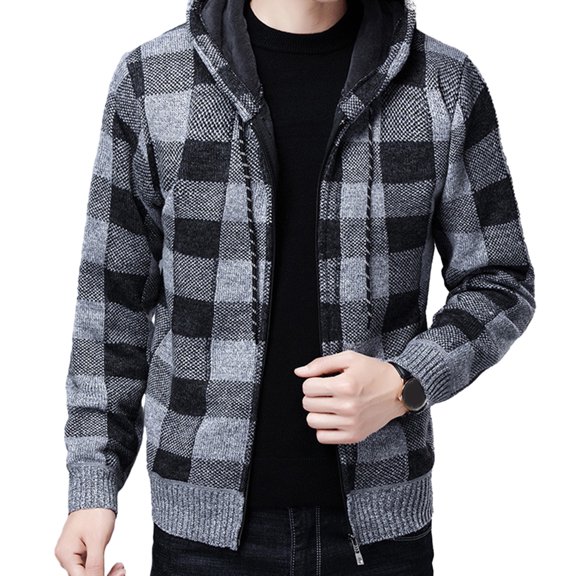 comerut Men Fall Winter Jacket Color Matching Plaid Print Knitted Hooded Zipper Closure Cardigan Long Sleeve Drawstring Mid Length Thick Warm Casual Coat