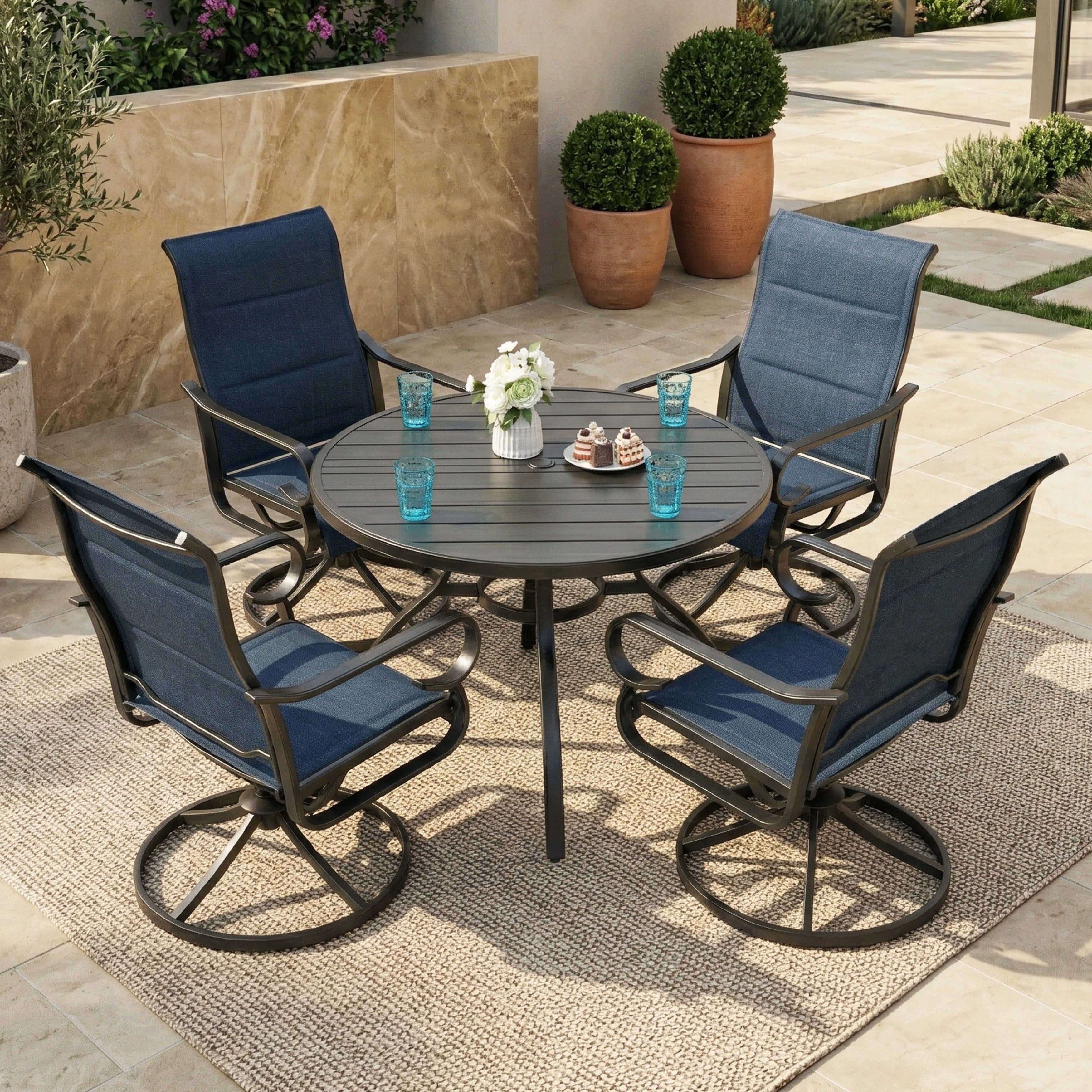 Nuu Garden 5-Piece Outdoor Dining Set, Padded Textilene Patio Table and Chair Set with Swivel Base, Outdoor Furniture Set with Umbrella Hole, Patio Dining Table Set for Garden, Backyard,  Blue