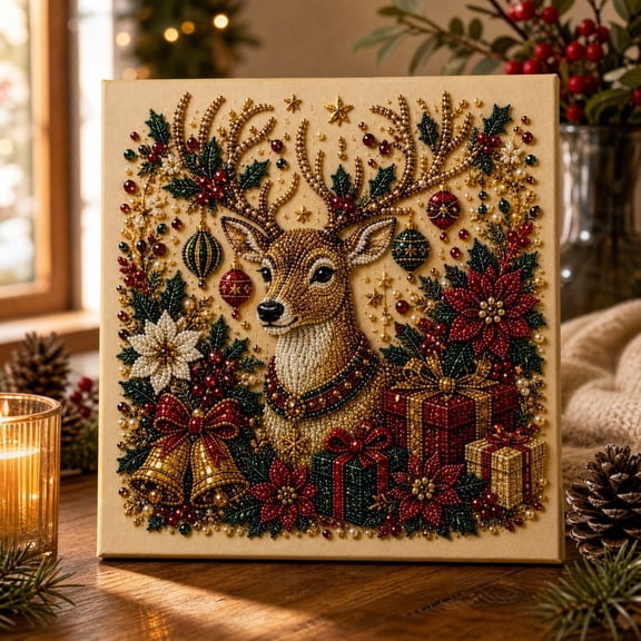 syligr Reindeer Christmas Diamond Art for Adults, Vintage Christmas Pearl Art Kits, DIY Pearl Diamond Kit, Animals Bead Crafts Ornament, Xmas Party Decorations for Mantel, Unique Gift/Favors