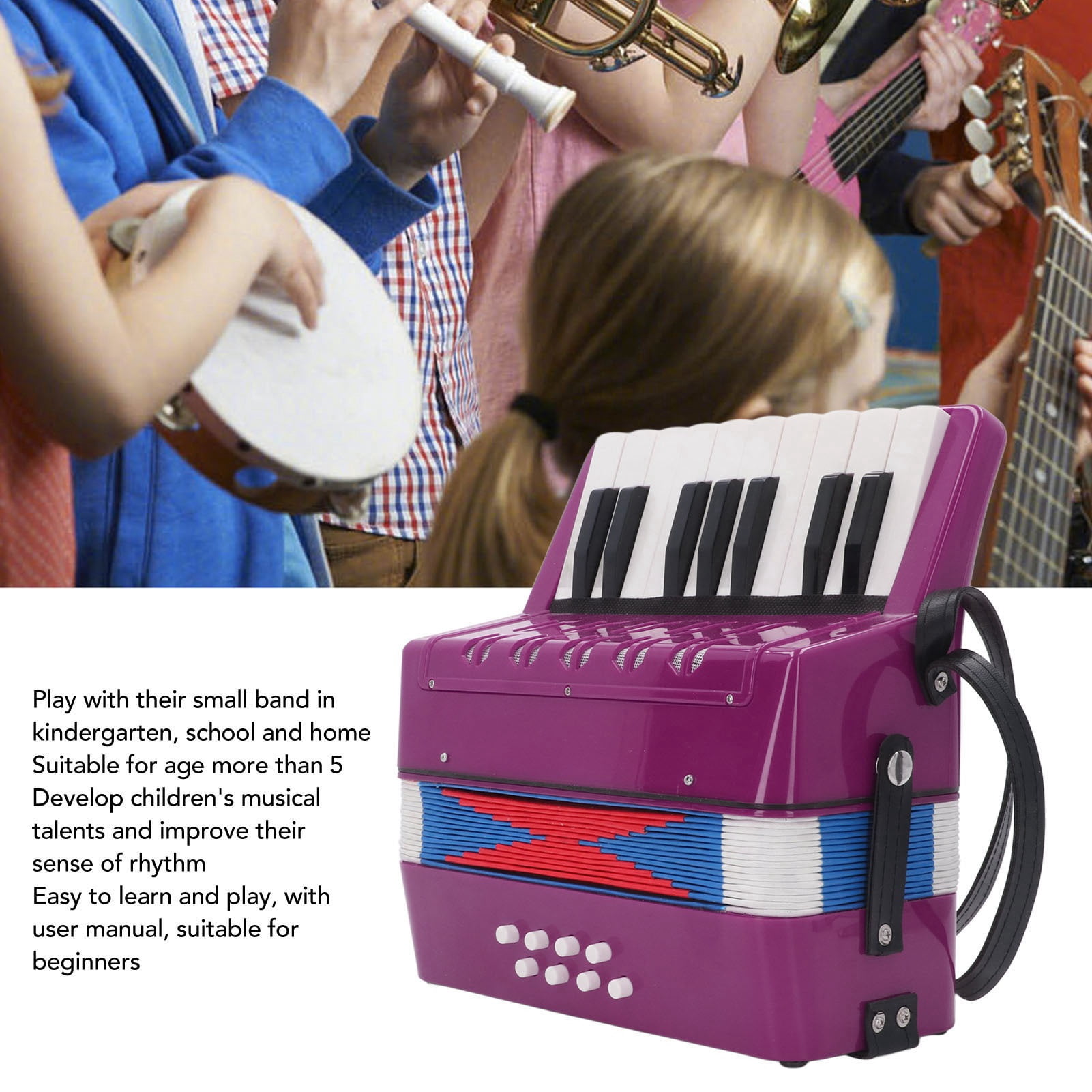Piano Accordion 9.1 X 9.1 X 3.9 Inches Entry Level Piano Accordion ABS Plastic With Retractable Leather Strap 17 Keys 8 Bass Keys Entry Level Accordion Portable Accordion For Kids Beginners