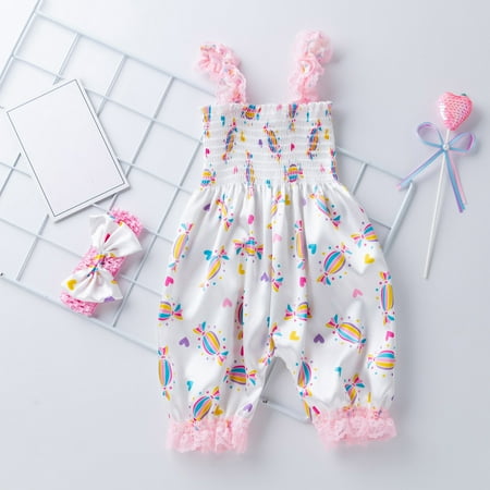 

Toddler Girls Flower Print Lace Bow Sling Clothes Cute Bloomers Jumpsuit Ruffle Sling Bow Shorts Ruffles Tutu Bow romper Candy Print Lace Splicing Sleeveless Suspender Bloomers