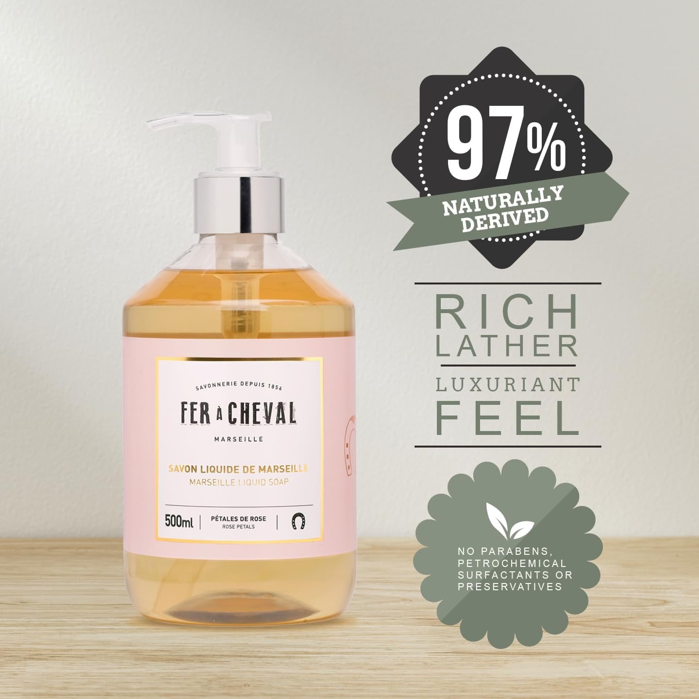 Fer Cheval Marseille Liquid Soap Rose Petal - Hydrating Hand Soap with Argan & Coconut Oil, No SLS/Parabens, 2-Pack