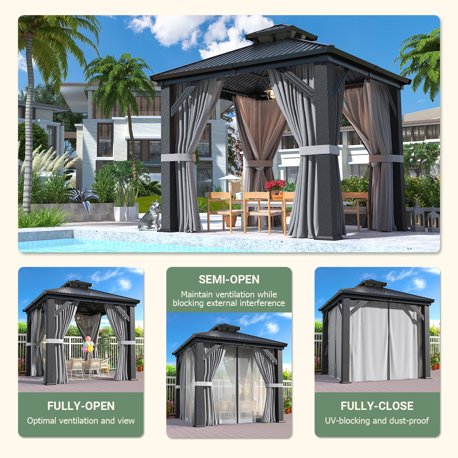 NETAJE 8x8 FT Hardtop Gazebo, Heavy Duty Gazebo with Aluminum Frame, Galvanized Steel Double Roof & Mosquito Net for Garden, Patio, Grey