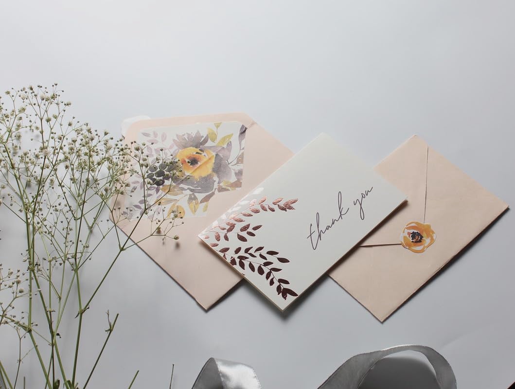 40 Blank Gold Foil Thank You Cards with Liner Envelopes & Floral Stickers for Weddings, Bridal Shower, Engagement, Baby Shower, Business