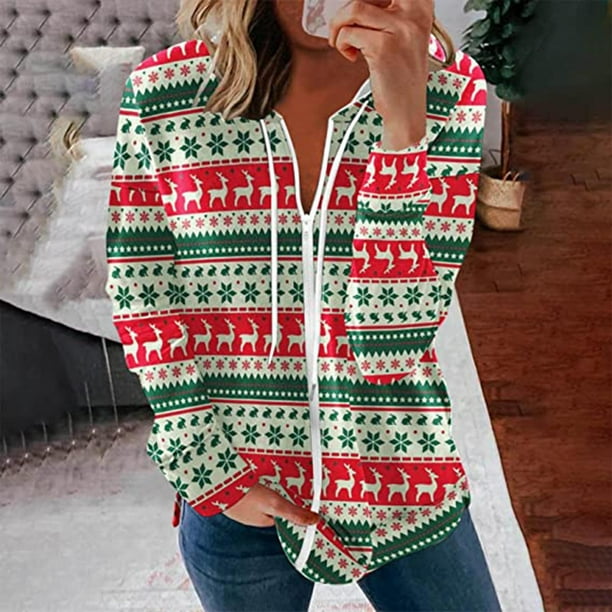 Moda Mujer Camiseta de manga larga Invierno Navidad Impresión Blusa Con capucha Cremallera Abrigo Tops Fridja po493