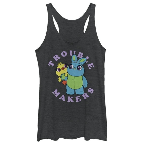 Women's Toy Story Ducky & Bunny Trouble Makers Racerback Tank Top Black Heather Medium