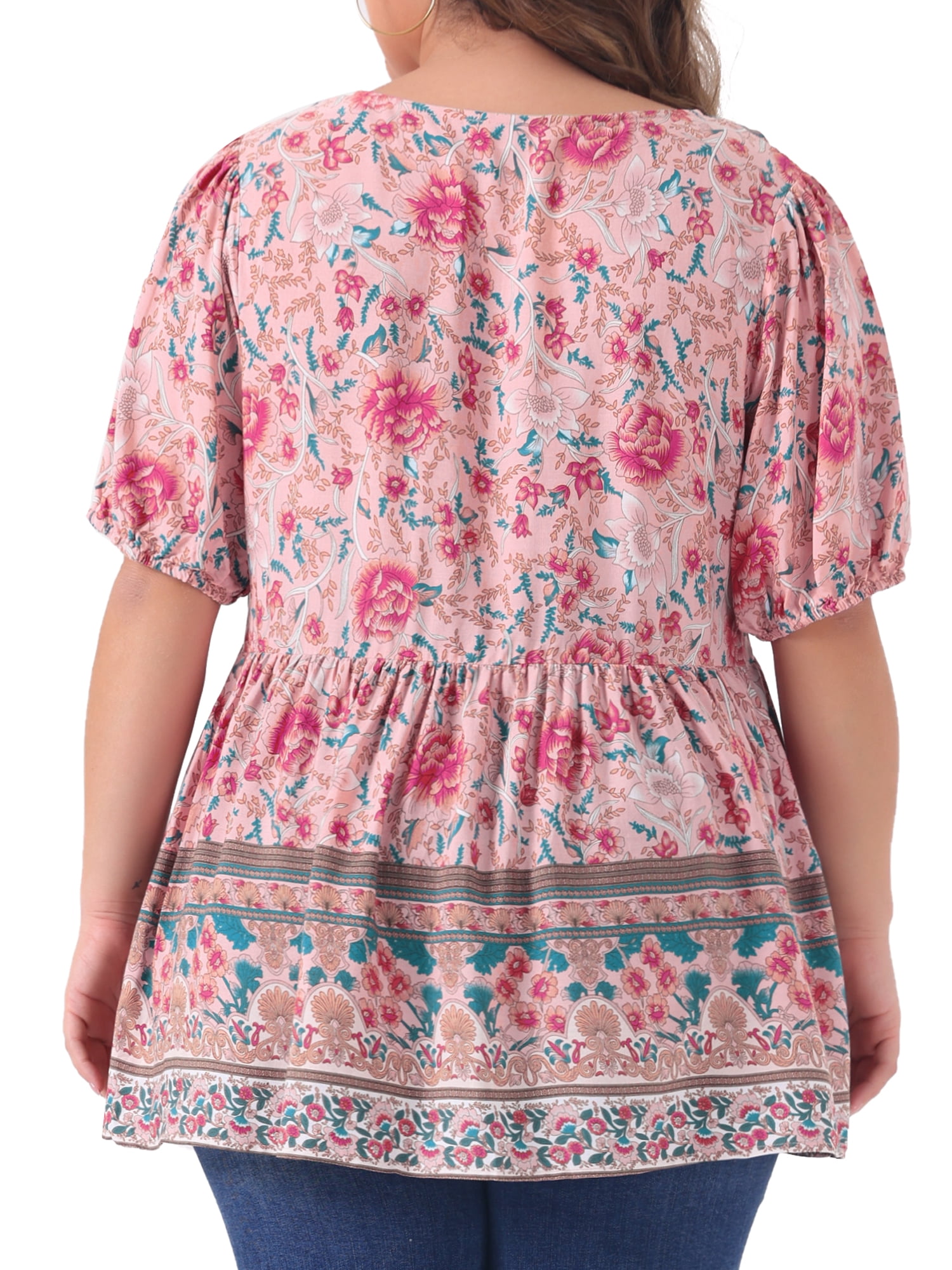 Women's Plus Boho Floral Print V Neck Short Sleeve Summer Blouses 2X Pink