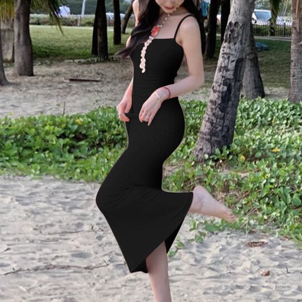 Vestido Midi Con Tirantes Finos Sexy Sling Hip Wrap Dress Backless Midi Slim Fit Solid Daily Wear (Negro L) Cgtredaw Para estrenar