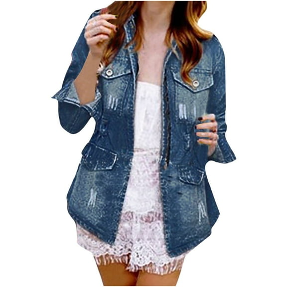 IROINNID Women's Denim Jacket Turndown Lapel Solid Color Long Sleeve Comfy Casual Denim Jacket Loose Autumn Coat , Blue