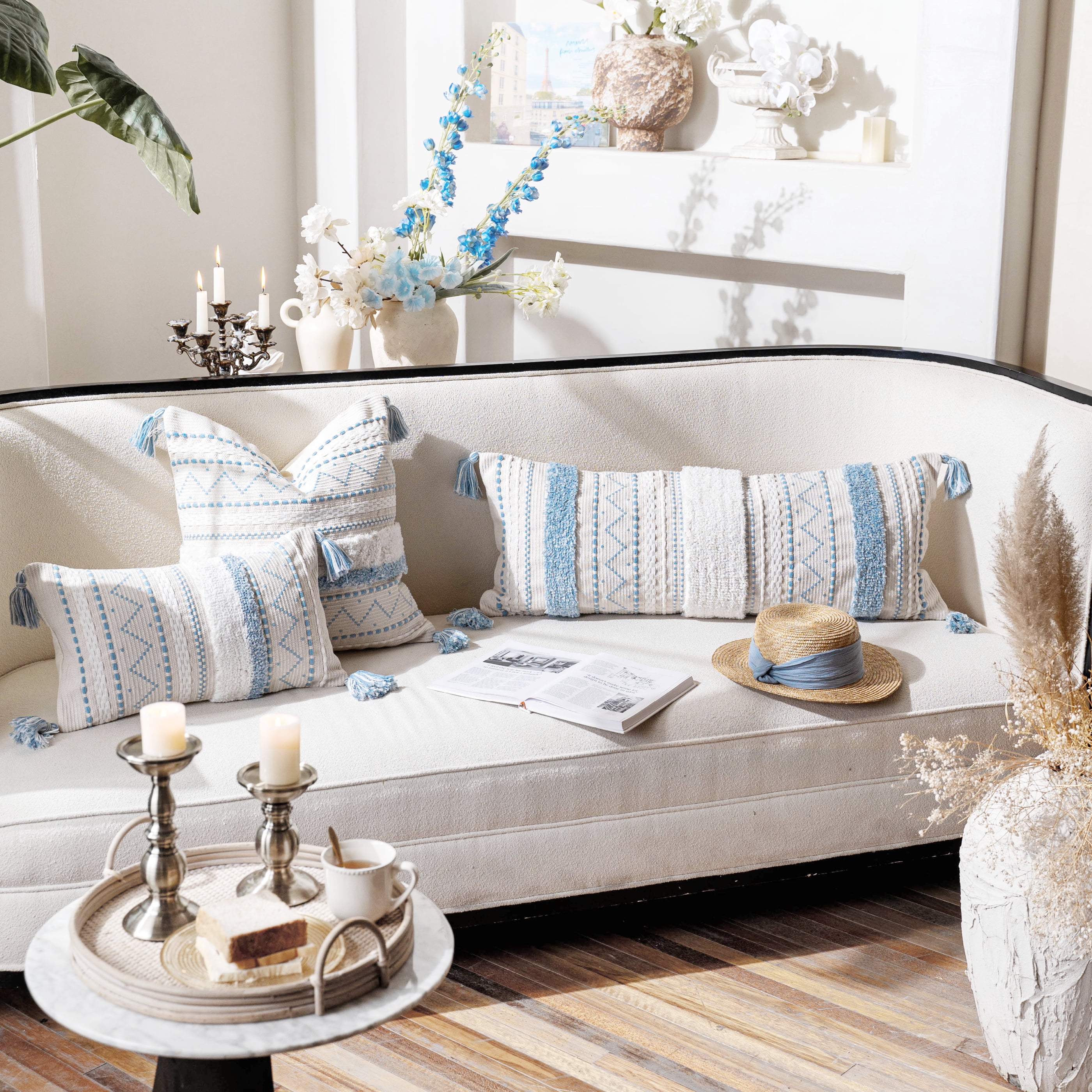 BlissBlush Blue Decorative Lumbar Throw Pillow Cover 14x36 Boho Long Cushion for Bed Neutral White Accent Farmhouse Pillowcase for Bedroom Living Room Couch Sofa Home Décor (Cover ONLY, Pack of 1)