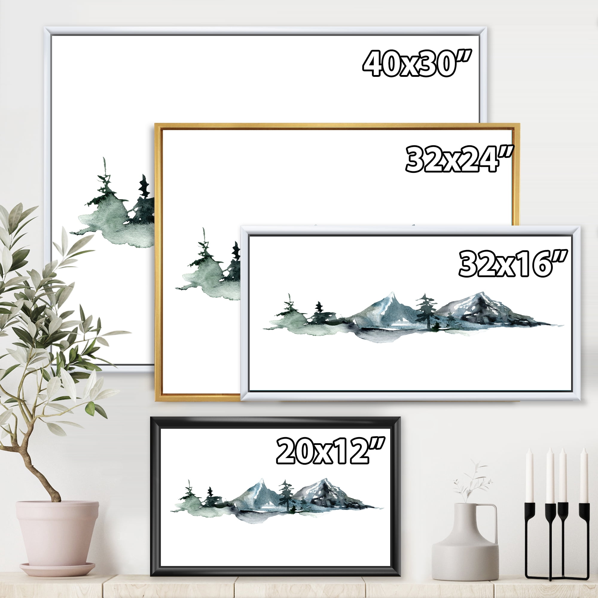 Designart 'Minimalistic Fir Forest and Winter Mountains III' Modern Framed Canvas Wall Art Print