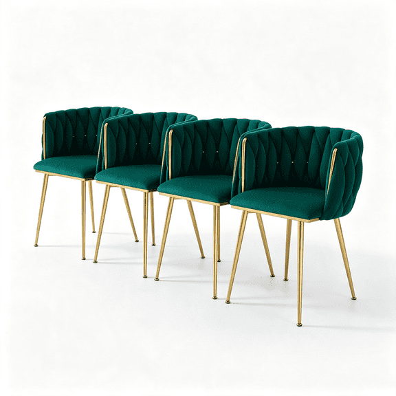 Set of 4 Modern Velvet Dining Chairs, Upholstered Woven Dining Chair with Golden Metal Legs, Upholstered Dining Chairs for Dining Room, Kitchen, Vanity, Living Room(Green)