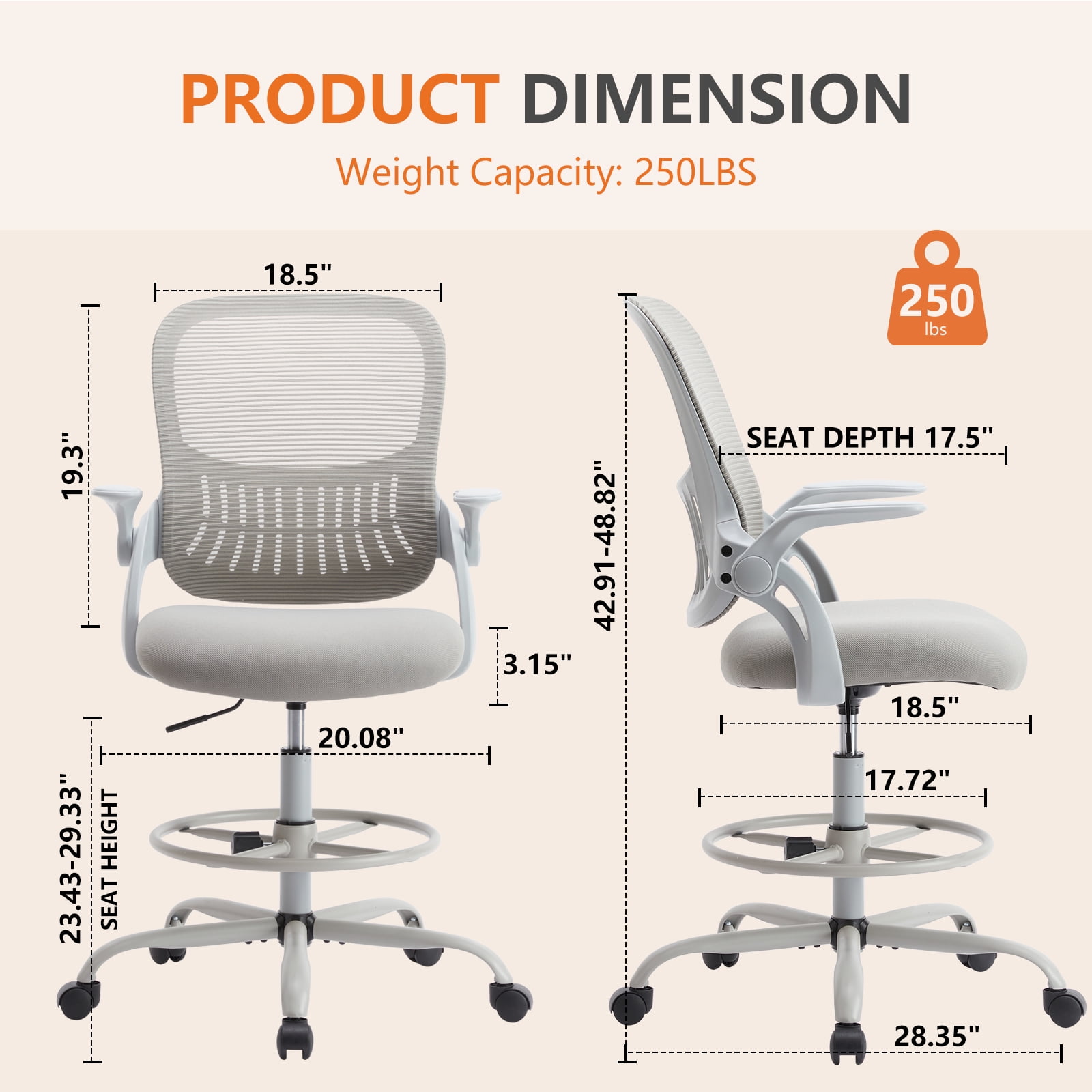 GIANNA Ergonomic Tall Mesh Office Chair with Storable Lumbar Support, Adjustable Foot Ring, Armrests, and Mid-Back Design – High Task Chair with Wheels, Gray
