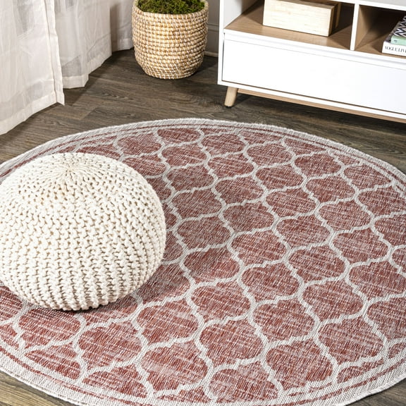 JONATHAN Y SANTA MONICA 9' Round Area Rug, Trebol Moroccan Trellis Textured Weave - Red/Beige, SMB109C-9R