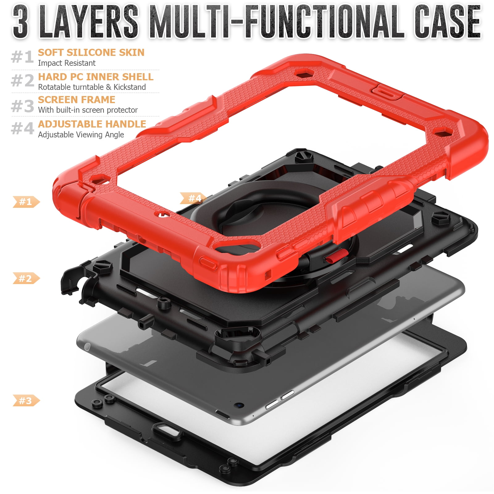 Dteck iPad mini 5 Case / iPad mini 6 Case with Built in Screen Protector, Child Proof Heavy Duty Shockproof Kids Case with Rotating Stand Handle Pencil Holder for iPad mini 5/4 7.9", Red