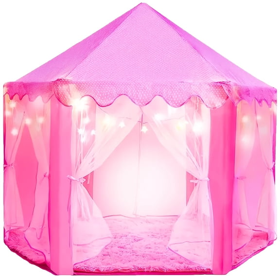 Pink Hexagonal Children's Castle Tent, Sturdy Frame Indoor Outdoor Play Tent with Polka Dot Canopy
