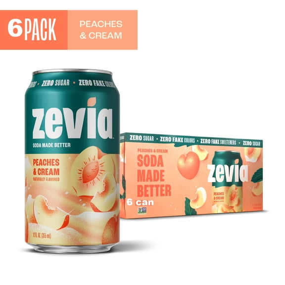 Zevia Zero Sugar, 0 Calorie Peaches and Cream Soda Pop, 12 fl oz, 6 Pack