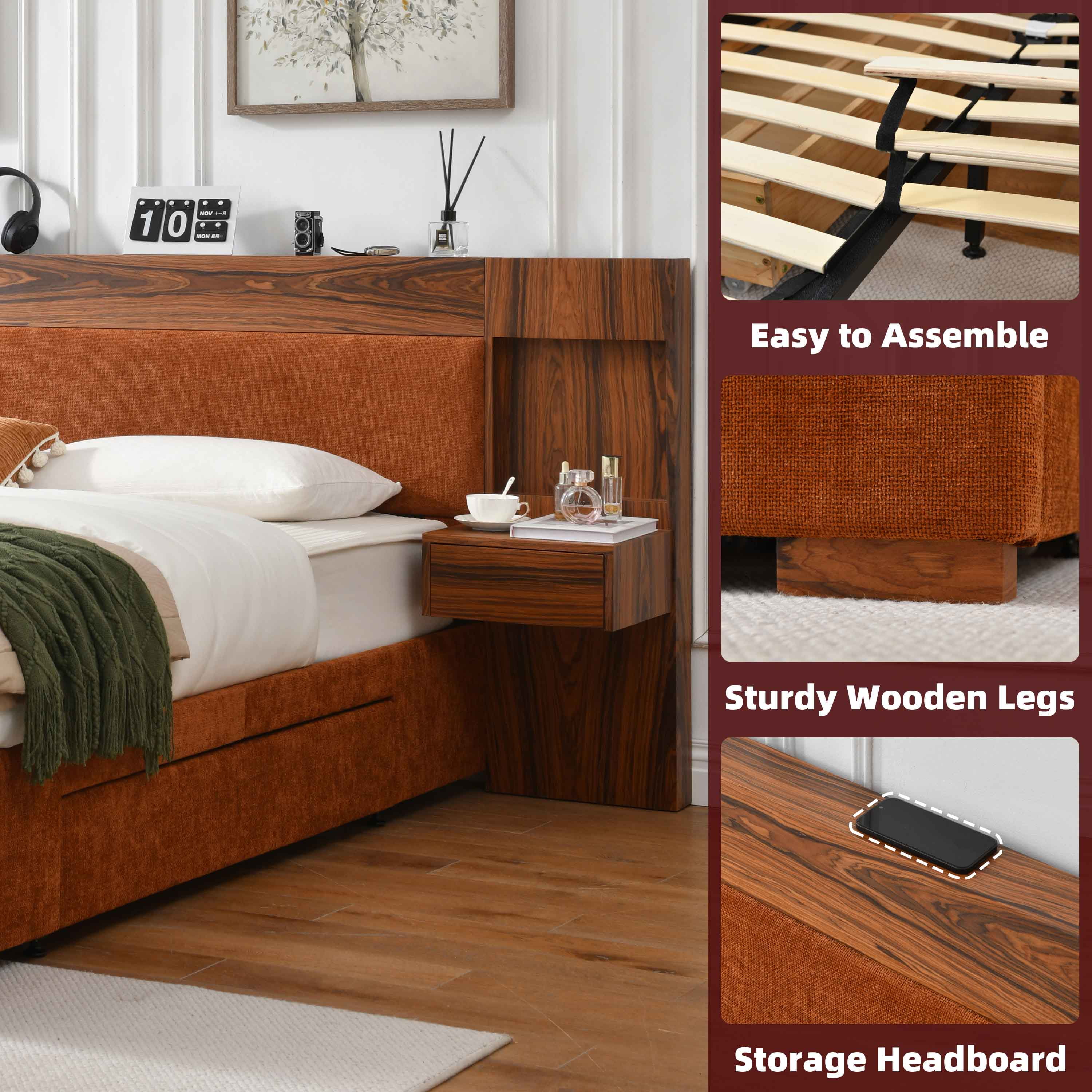 Queen Size Bed Frame with Storage Drawers & Built-in Nightstands, Wood Bed Frame with Linen Upholstered Headboard, No Box Spring Needed, Ocher