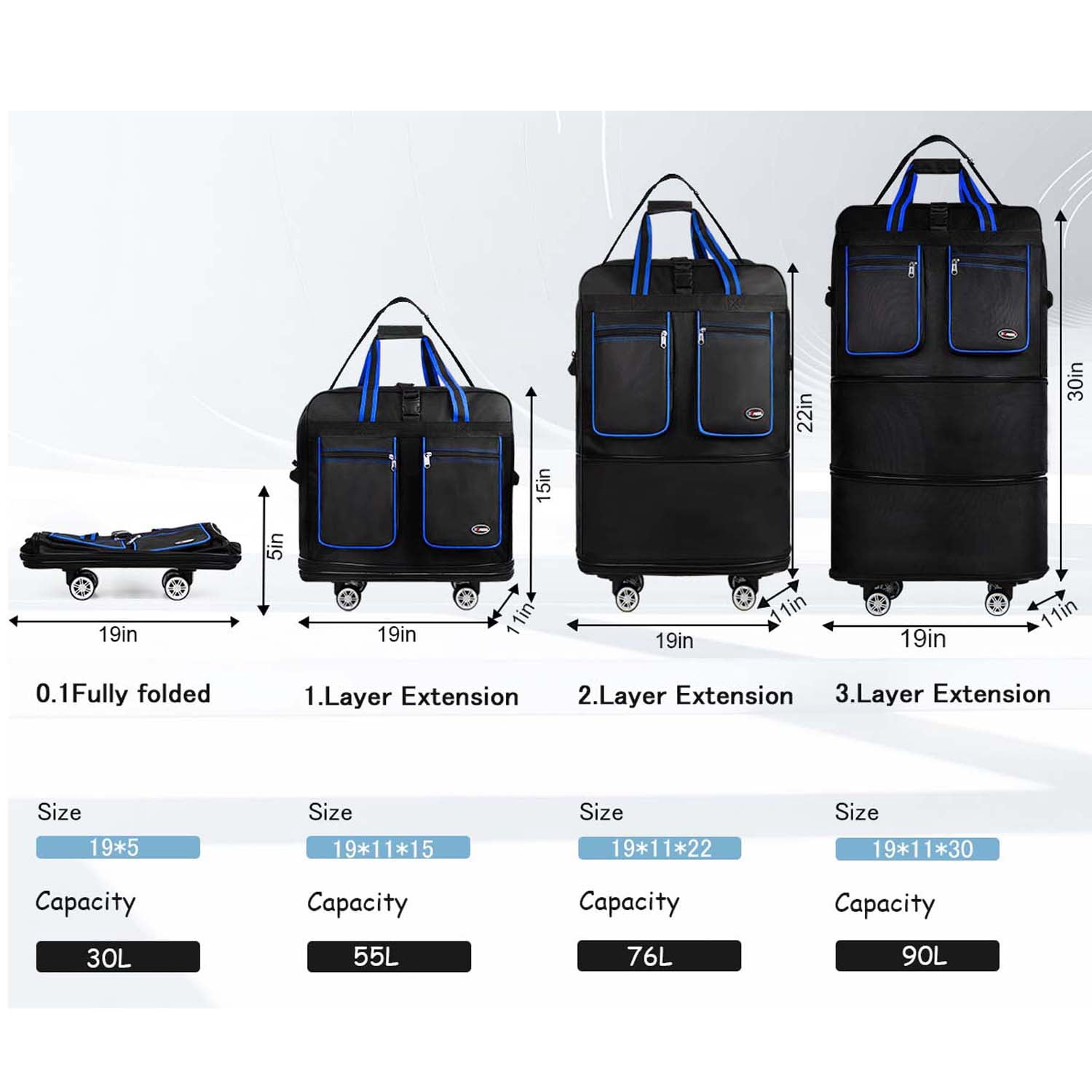 30" Expandable Foldable Luggage Bag,Collapsible Suitcases with Wheels,Lightweight Rolling Duffle Bag for Travel, Moving, Home Storage, Blue/Trim, MEX
