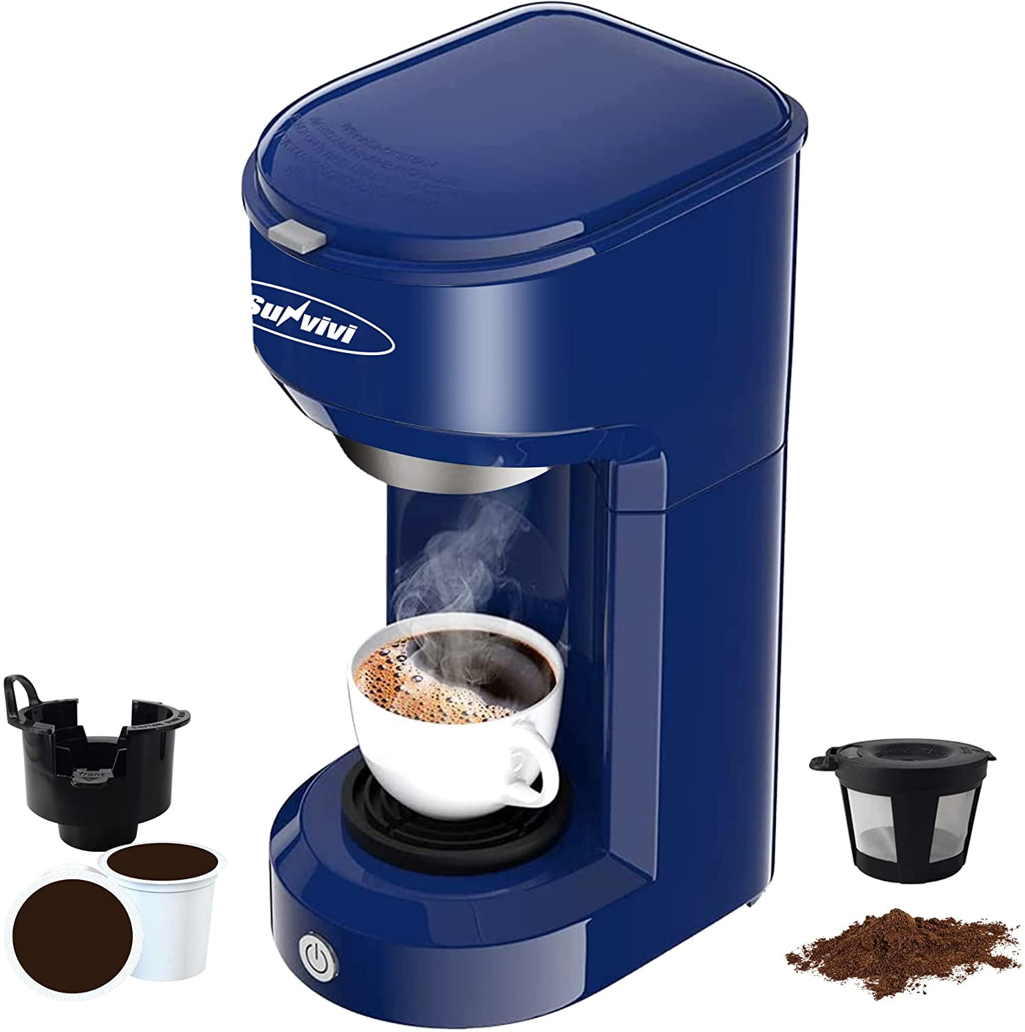 Famiworths Single Serve Brewer for K Cup & Ground Coffee, With Bold Brew,  One Cup Coffee Maker, 6 to 14 oz. Brew Sizes, Fits Travel Mug, Blue