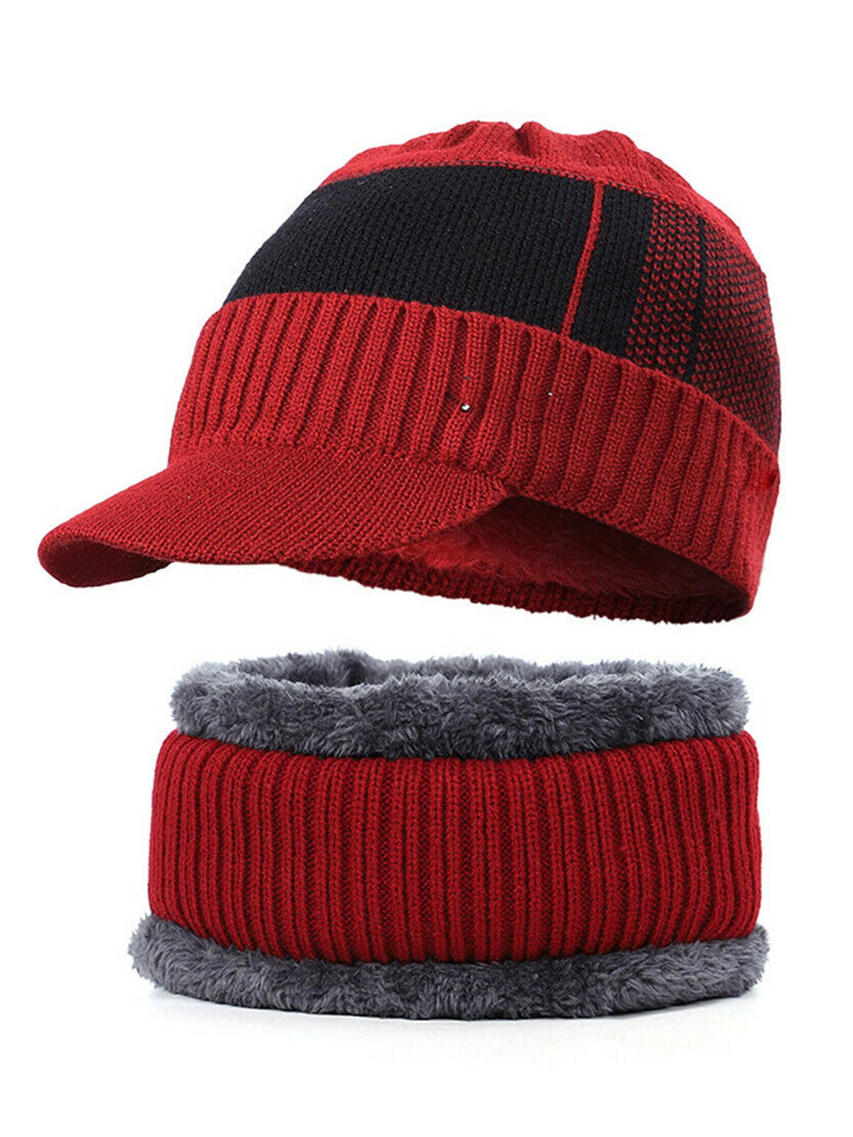 Luethbiezx Men's Winter Warm Hat Knit Visor Beanie Fleece Lined Beanie with Brim  Cap 