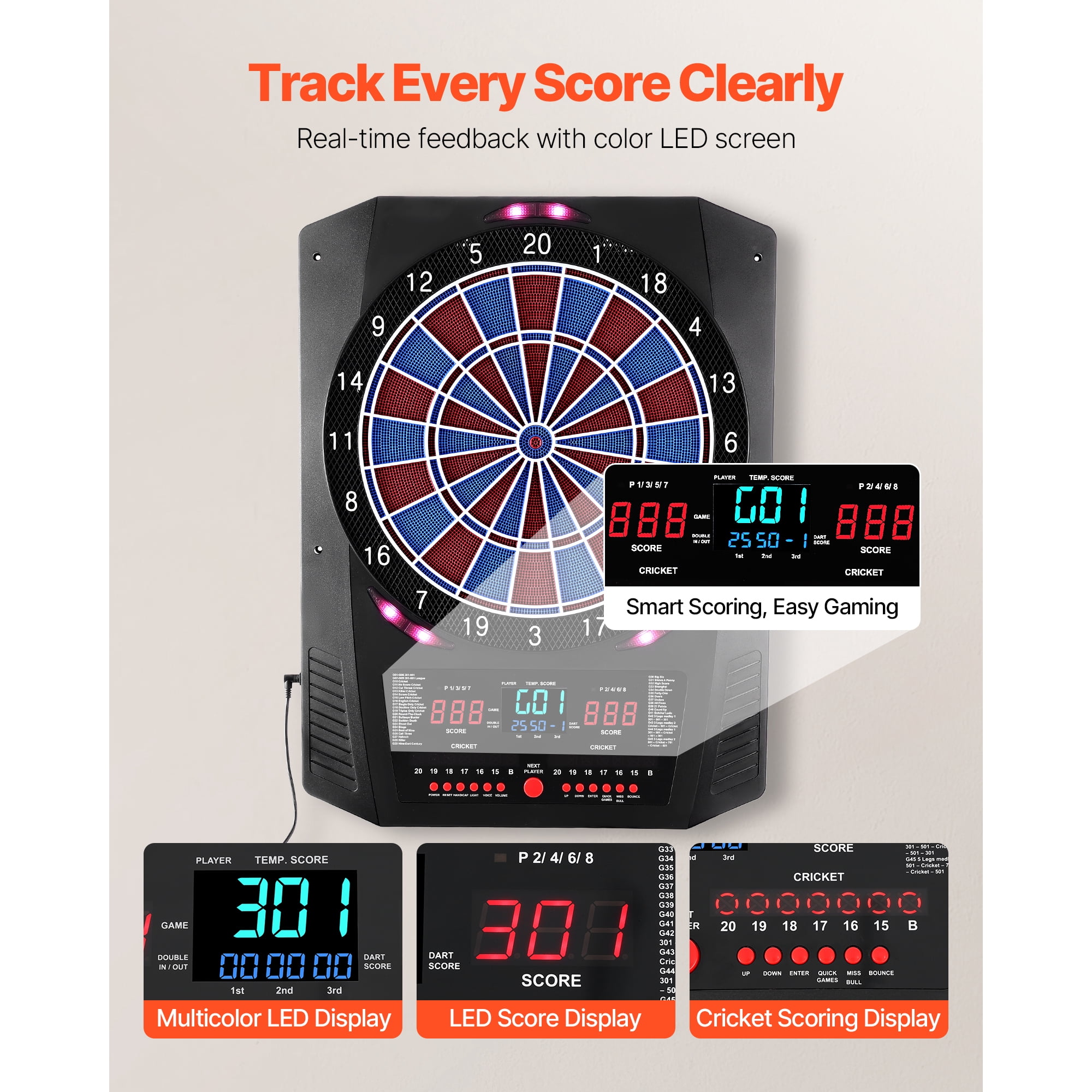 KFFKFF Electronic Dart Board with 13.5" Target, 45 Games & 474 Variations for Up to 8 Players, Includes 6 Dart Shafts, Flights, and 50 Soft Tips, LED Cricket Scoring Display for Home, Party, or Bar