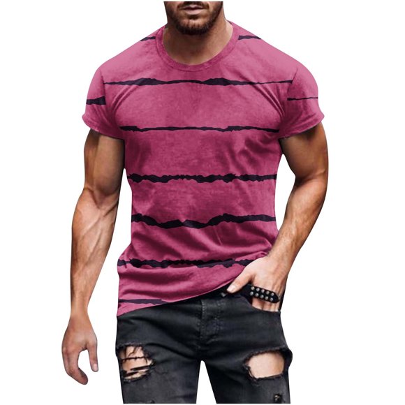 GUZYING New Fashion Men Casual Round Neck Stripe Printing Pullover Fitness Sports Shorts Sleeves T Shirt Blouse(Wine,L)