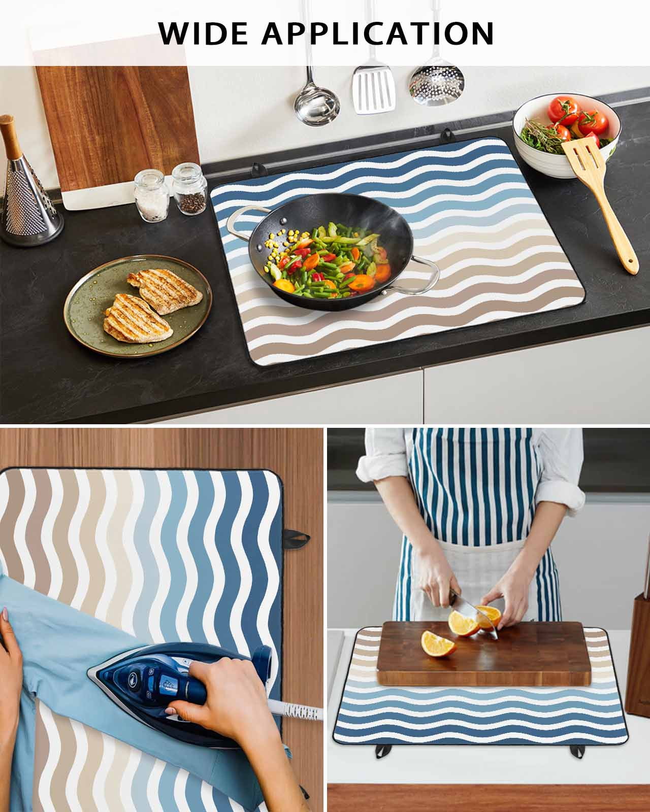 nqOlkjepod Large Induction Cooktop Protector Mat 24"x21", Navy Blue Brown Ombre Moire Stove Top Covers for Electric Stove, Water Ripple Stripe Farmhouse Stove Burner Cover Mats Stove Cover