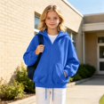 thumbnail image 5 of Girls Solid Color Full Zip Hooded Sweatshirt, Kids Zip‑Up Hoodie Jacket, Loose Fit Casual Outerwear Tops for Autumn Winter Daily School Outdoor Travel Wear(Blue,7-8 Years), 5 of 6