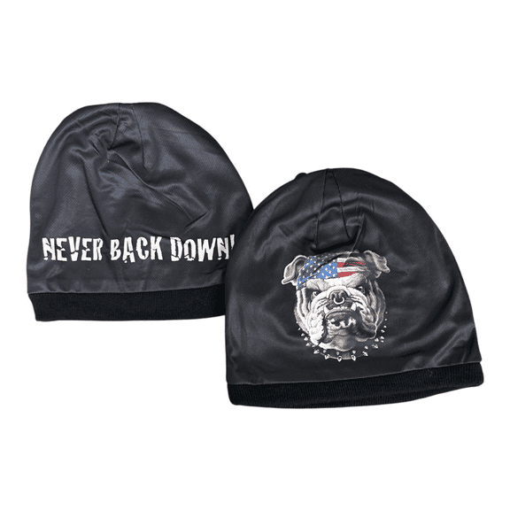 Never Back Down Bulldog Beanie – Lined, Sublimated Print Winter Hat