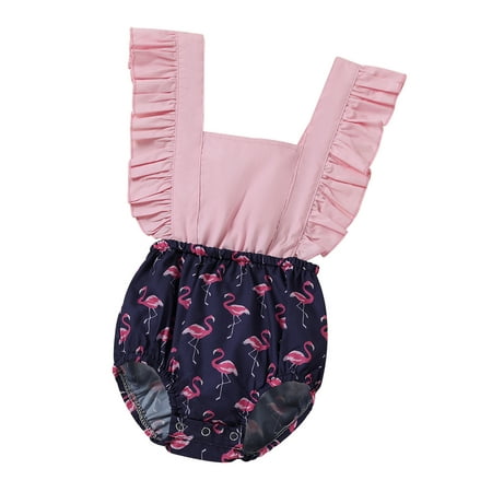 

Canrulo Newborn Baby Girls Rompers Flamingo Print Patchwork Ruffles Short Sleeve Backless Jumpsuits Pink 12-18 Months