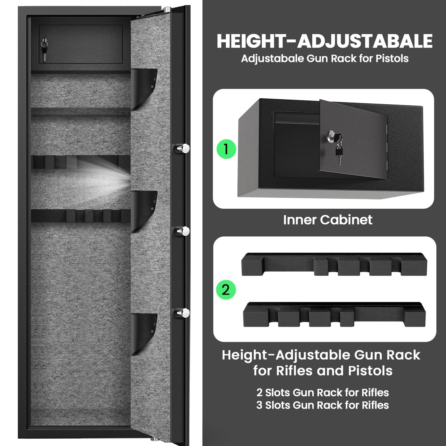 Riflevault 5–8 Gun Safe with Combination Lock, Fireproof & Anti-Theft Steel Rifle Cabinet for Shotguns, Adjustable Shelves, Silent Alarm Mode