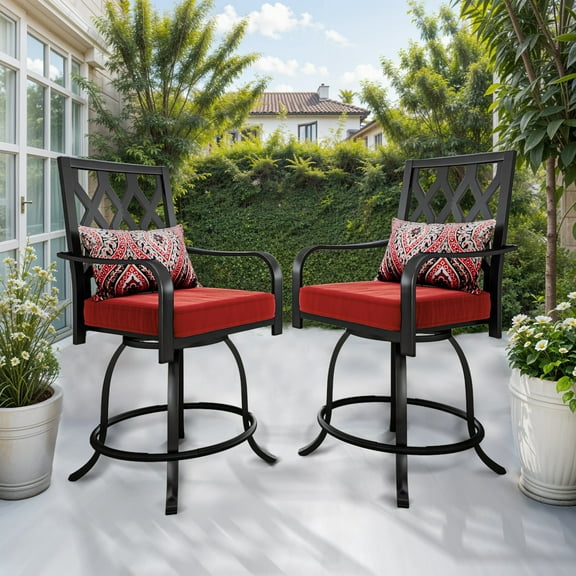 Wooflex Outdoor Bar Stools Chair Set of 2, Patio Chair with Cushion and Headrest for Garden and Backyard, Red Patterned Cushion