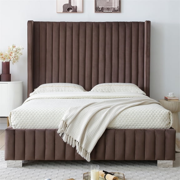 Jeffrey Queen Size Velvet Upholstered Bed Frame in Dark Brown
