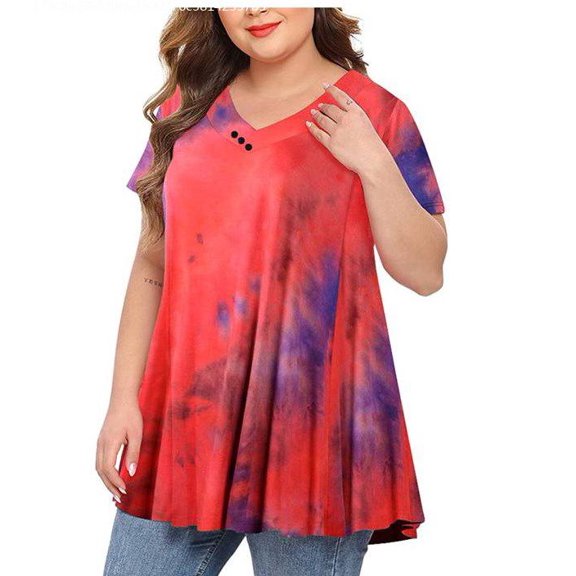 Puntoco Womens Plus Size Shirts Clearance,Women Plus Size Tops Tie-Dye Print Short Sleeve V-Neck Blouse Pleated Hem Shirt Yellow 20(XXXXXL)
