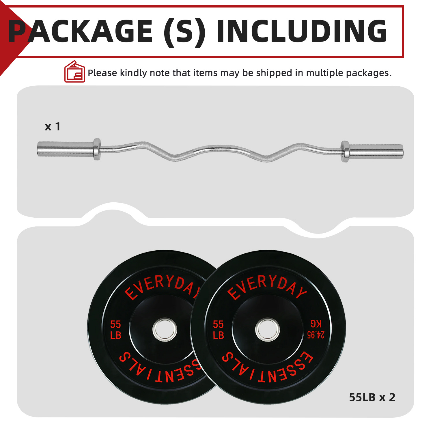 FlexWave 55LB Curl Barbell Set with 4FT EZ Bar and Pair of 15LB Rubber-Coated Weight Plates, Home Strength Training Kit