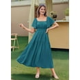 thumbnail image 5 of Women'S Summer Short Sleeve Square Neck Smocked Waist Casual Vacation Tiered Flowy Maxi Dress Peacock Blue XL, 5 of 6