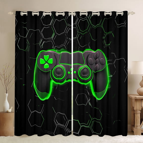 Homewish Kids Green Gamepad Black Out Curtains, Gamer Gaming Theme Curtains Pack of 2 (42x63 Each), Modern Fashion Honeycomb Bedroom Curtains, Window Curtains Bedroom Decor