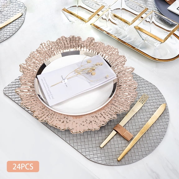 24 PCS 12.6 inch Charger Plates,Round Plastic Reef Plate Chargers for Dinner Plates,Wedding,Party Elegant Decoration Place mats,  Rose Gold