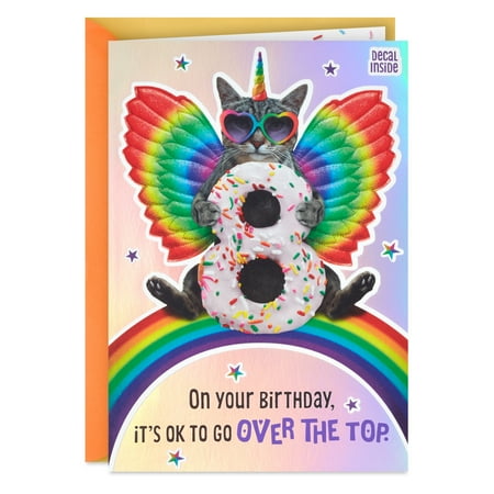 Hallmark 8th Birthday Card with Decal (Over the Top, Unicorn Cat)
