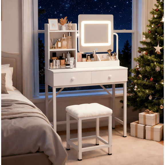 Lofka White Vanity Desk with Lights & Storage | Makeup Vanity Table with 3 Shelves, 2 Drawers & Stool for Women & Girls