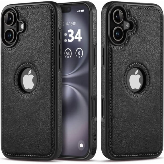 Design Compatible with iPhone 16 Plus Case Luxury Leather Business Vintage Slim Non-Slip Soft Grip Shockproof Protective Cover (2024) 6.7 Inch (Black)