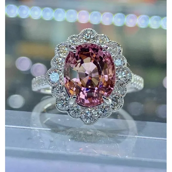 3CT Oval Cut Pink Sapphire Halo Engagement Ring 14K White Gold Plated Lab Created