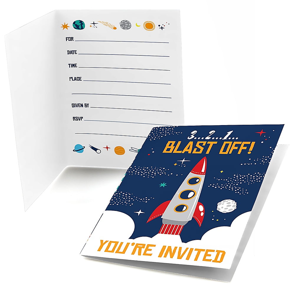 Blast Off to Outer Space - Fill in Rocket Ship Baby Shower or Birthday Party Invitations (8 Count)